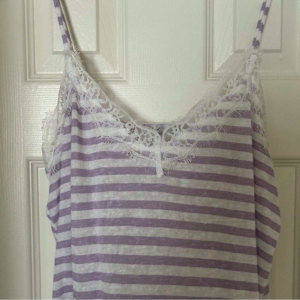 Lavender and White Striped V-Neck Camisole with Lace Trim at Neckline